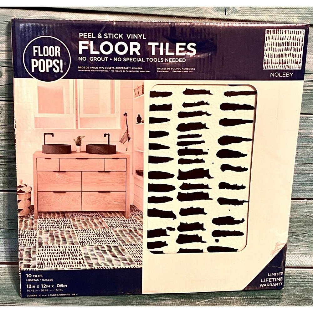 Floor Pops Noleby Peel & Stick Floor Tiles 10 Tiles 12"x12" Black White New